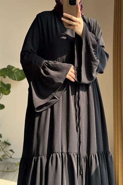 Kolu Fırfırlı Abaya Takım - Siyah