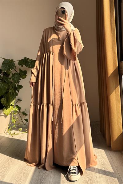 Kolu Fırfırlı Abaya Takım - Sütlü kahve