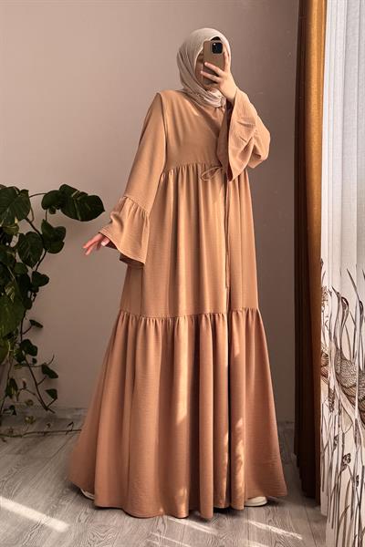 Kolu Fırfırlı Abaya Takım - Sütlü kahve
