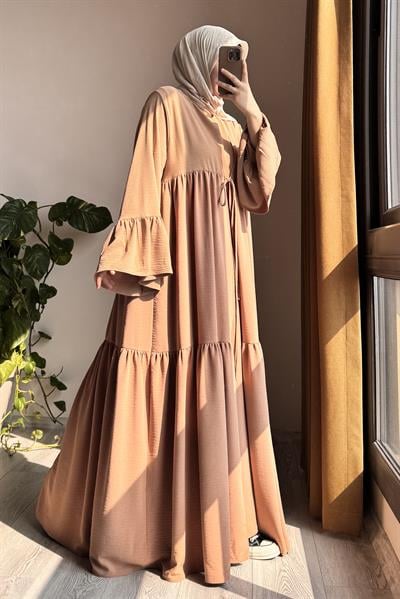 Kolu Fırfırlı Abaya Takım - Sütlü kahve