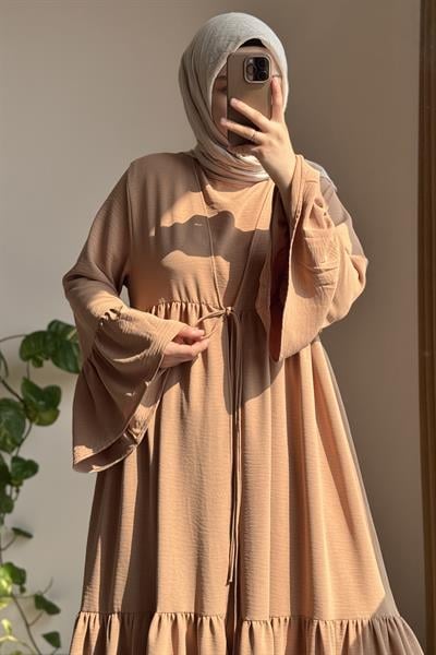 Kolu Fırfırlı Abaya Takım - Sütlü kahve