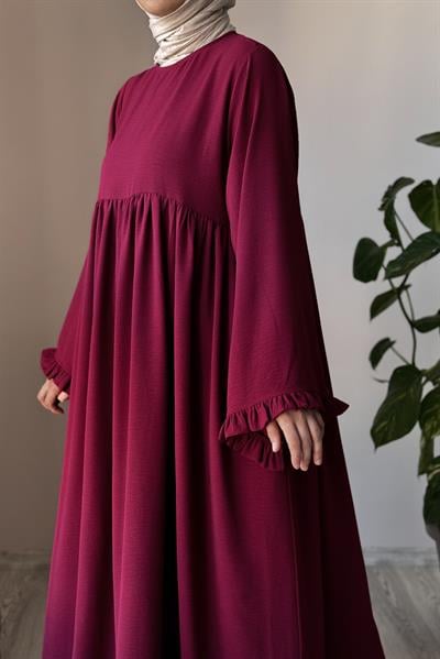 Kolu Fırfırlı Elbise - Bordo