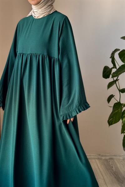 Kolu Fırfırlı Elbise - Zümrüt yeşil