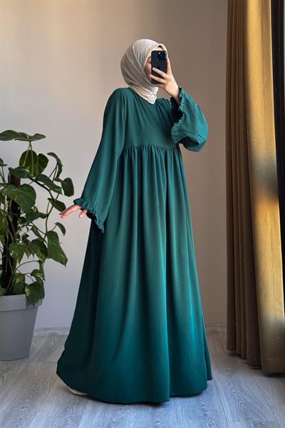 Kolu Fırfırlı Elbise - Zümrüt yeşil