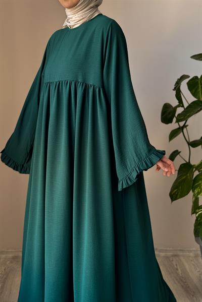 Kolu Fırfırlı Elbise - Zümrüt yeşil