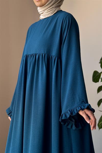 Kolu Fırfırlı Elbise - Petrol mavi