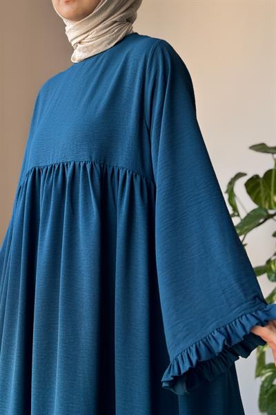 Kolu Fırfırlı Elbise - Petrol mavi
