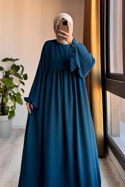 Kolu Fırfırlı Elbise - Petrol mavi