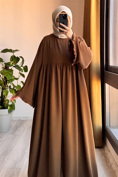 Kolu Fırfırlı Elbise - Toprak