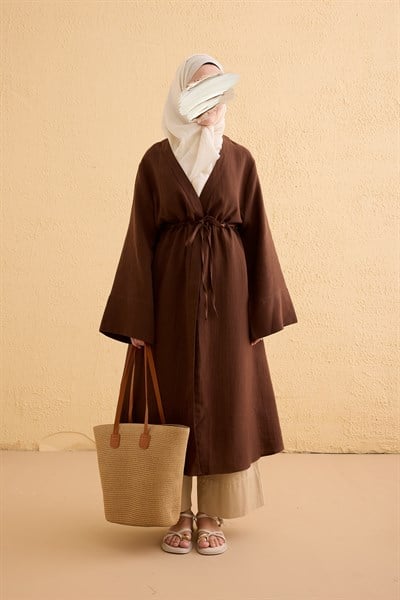 Köprü Bağlamalı Müslin Kimono - Kahve