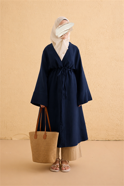 Köprü Bağlamalı Müslin Kimono - Lacivert