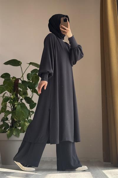 Manşet Detaylı Pantolonlu Takım - Antrasit