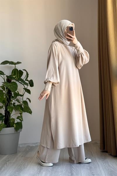 Manşet Detaylı Pantolonlu Takım - Bej