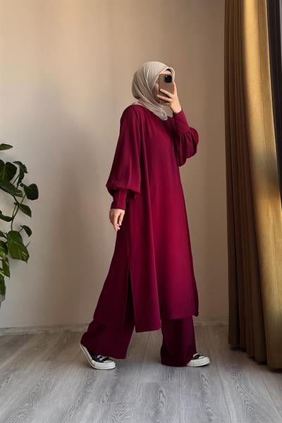 Manşet Detaylı Pantolonlu Takım - Bordo