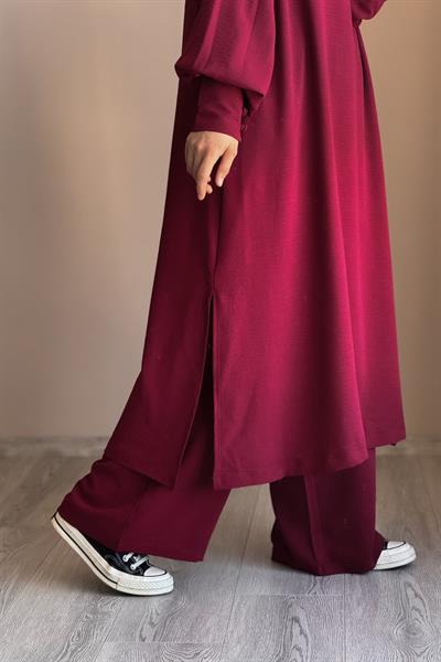 Manşet Detaylı Pantolonlu Takım - Bordo