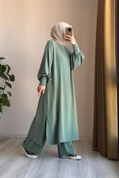 Manşet Detaylı Pantolonlu Takım - Çağla yeşil