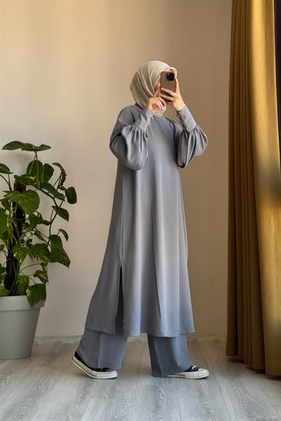 Manşet Detaylı Pantolonlu Takım - Gri