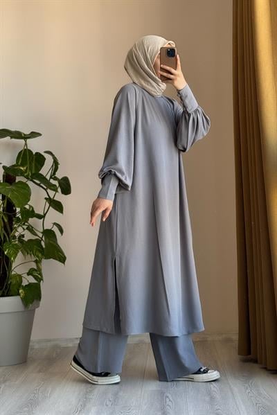 Manşet Detaylı Pantolonlu Takım - Gri