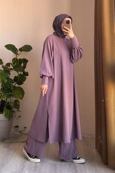 Manşet Detaylı Pantolonlu Takım - Gül kurusu