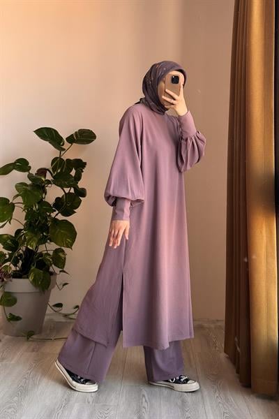 Manşet Detaylı Pantolonlu Takım - Gül kurusu