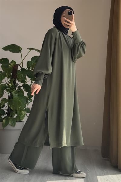 Manşet Detaylı Pantolonlu Takım - Haki yeşil