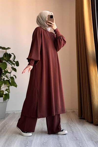 Manşet Detaylı Pantolonlu Takım - Kızıl Kahve