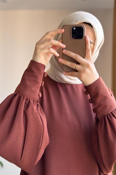 Manşet Detaylı Pantolonlu Takım - Kızıl Kahve