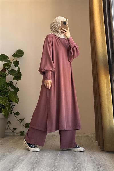 Manşet Detaylı Pantolonlu Takım - Rose