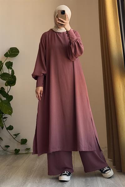 Manşet Detaylı Pantolonlu Takım - Rose