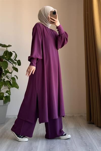 Manşet Detaylı Pantolonlu Takım - Mürdüm