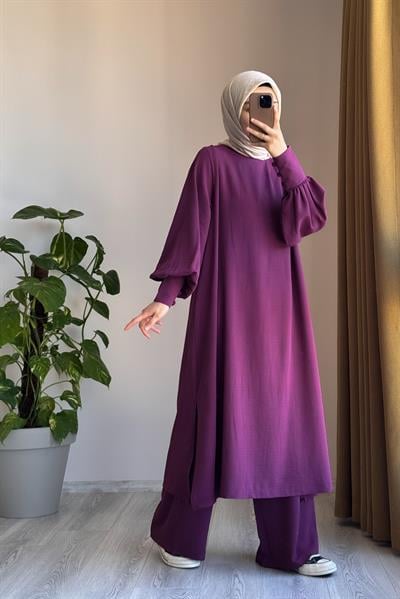 Manşet Detaylı Pantolonlu Takım - Mürdüm