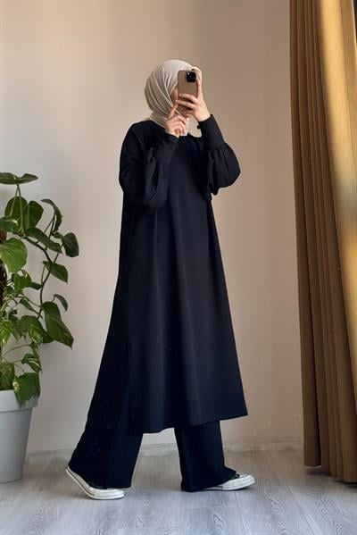 Manşet Detaylı Pantolonlu Takım - Siyah