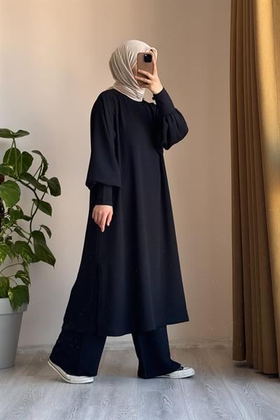 Manşet Detaylı Pantolonlu Takım - Siyah