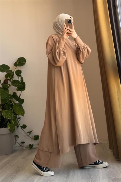 Manşet Detaylı Pantolonlu Takım - Sütlü kahve