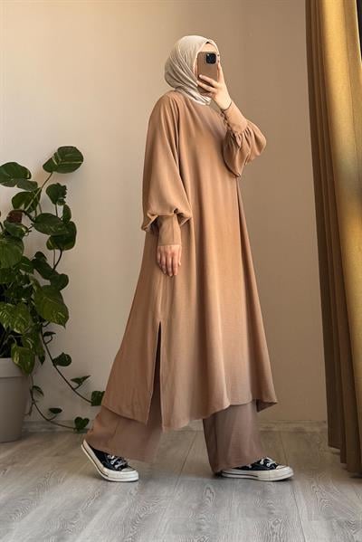 Manşet Detaylı Pantolonlu Takım - Sütlü kahve