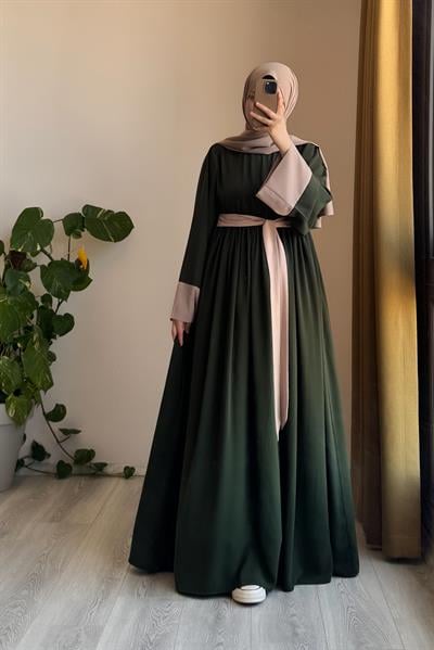 Nisa Elbise - Zümrüt yeşil/ Bej