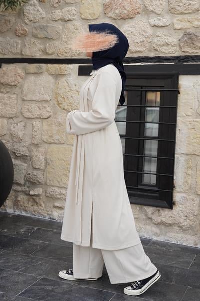 Omuz Tuturmalı Triko Tunik - Ekru