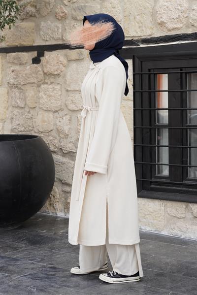 Omuz Tuturmalı Triko Tunik - Ekru