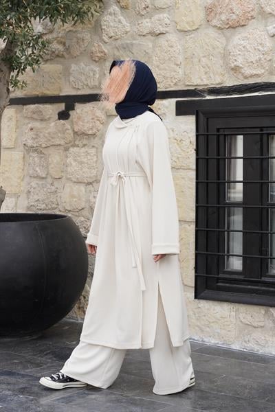 Omuz Tuturmalı Triko Tunik - Ekru