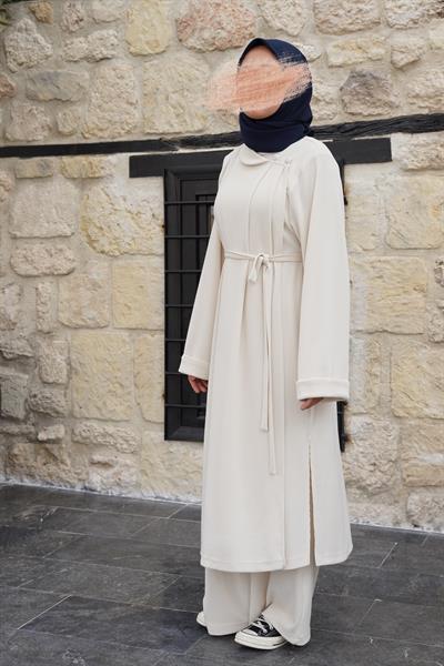 Omuz Tuturmalı Triko Tunik - Ekru