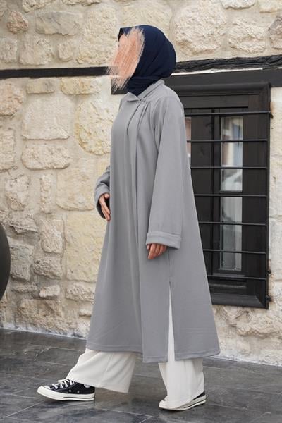 Omuz Tuturmalı Triko Tunik - Gri