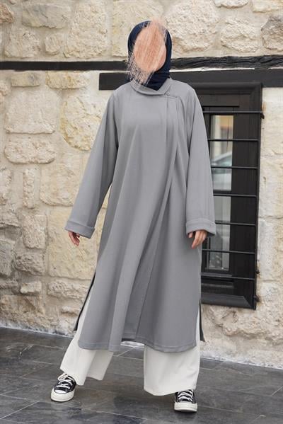Omuz Tuturmalı Triko Tunik - Gri