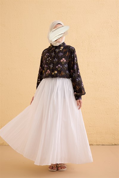 Omuzu Büzgülü Pamuklu Gömlek - Siyah Vintage Desen