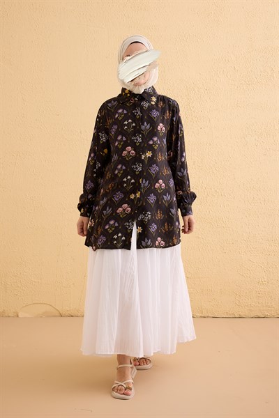 Omuzu Büzgülü Pamuklu Gömlek - Siyah Vintage Desen
