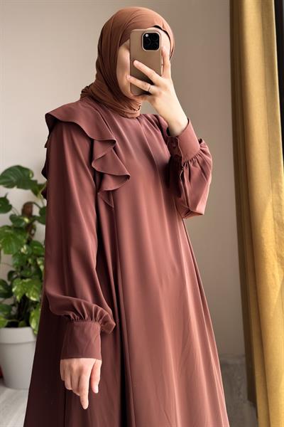 Omuzu Fırfırlı Elbise - Açık kahve