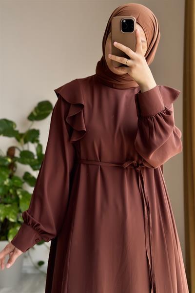 Omuzu Fırfırlı Elbise - Açık kahve