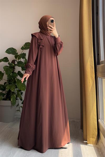 Omuzu Fırfırlı Elbise - Açık kahve