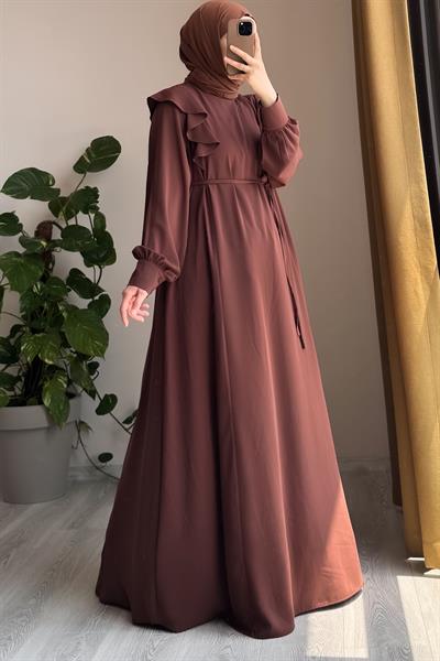 Omuzu Fırfırlı Elbise - Açık kahve