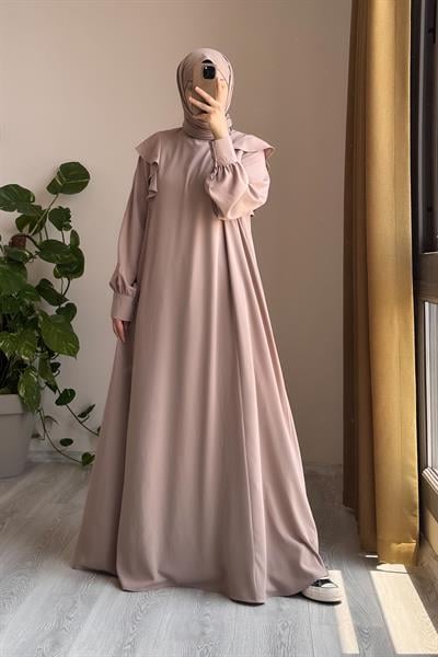 Omuzu Fırfırlı Elbise - Bej