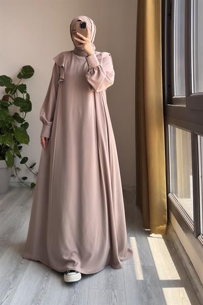 Omuzu Fırfırlı Elbise - Bej